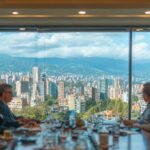 Empresarios discutiendo estrategias de marketing verde en oficina moderna de Cali con vista al Valle del Cauca, plantas y tecnología sostenible